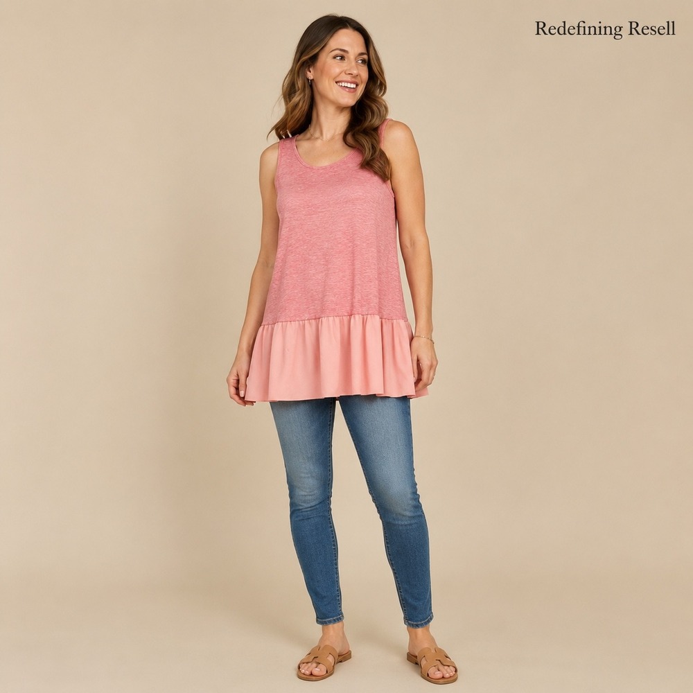 Umgee USA Womens Pink Heathered Racerback Tunic Ruffle Hem Top Large R7423